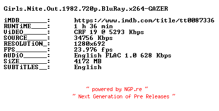 NFO for the release Girls.Nite.Out.1982.720p.BluRay.x264-GAZER by GAZER