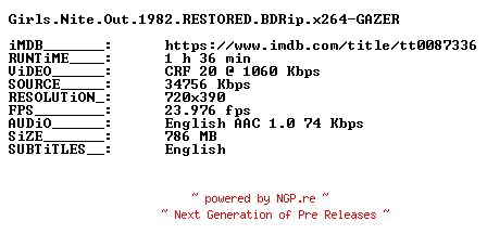 NFO for the release Girls.Nite.Out.1982.RESTORED.BDRip.x264-GAZER by GAZER