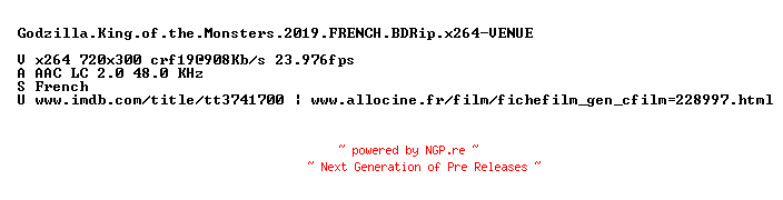 NFO for the release Godzilla.King.of.the.Monsters.2019.FRENCH.BDRip.x264-VENUE by VENUE