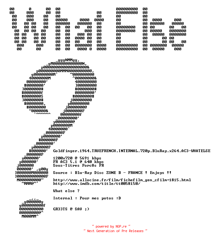 NFO for the release Goldfinger.1964.TRUEFRENCH.INTERNAL.720p.BluRay.x264.AC3-WHATELSE by WHATELSE