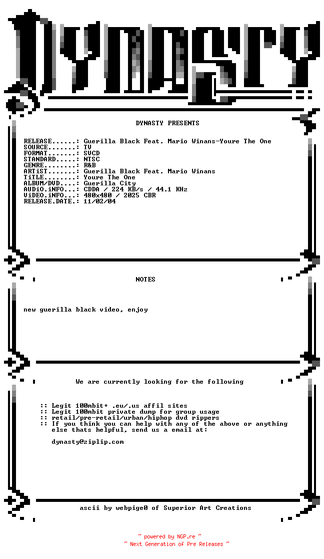NFO for the release Guerilla_Black_Feat._Mario_Winans-Youre_The_One-SVCD-2004-DYNASTY by DYNASTY