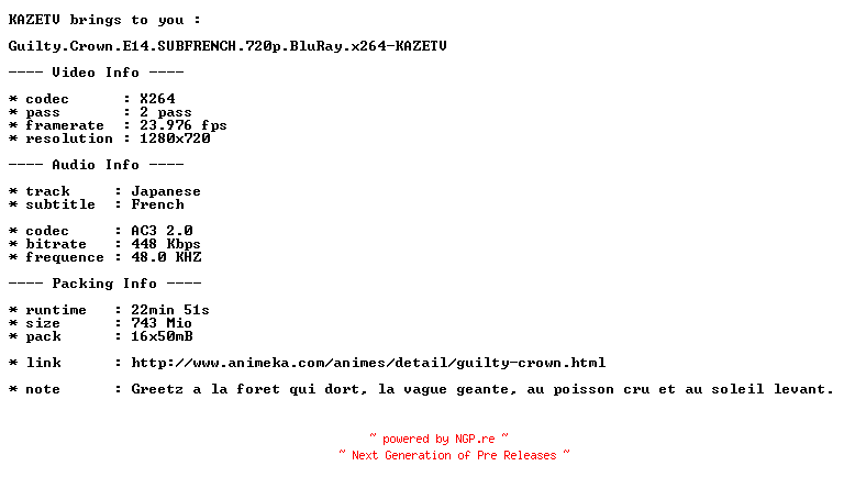 NFO for the release Guilty.Crown.E14.SUBFRENCH.720p.BluRay.x264-KAZETV by KAZETV