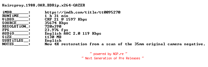 NFO for the release Hairspray.1988.OAR.BDRip.x264-GAZER by GAZER