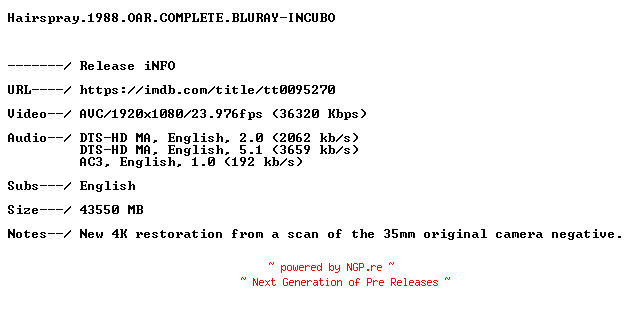 NFO for the release Hairspray.1988.OAR.COMPLETE.BLURAY-INCUBO by INCUBO