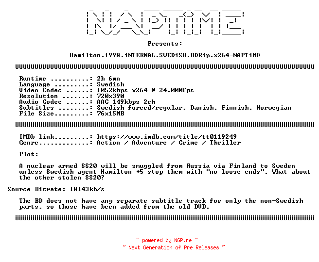 NFO for the release Hamilton.1998.iNTERNAL.SWEDiSH.BDRip.x264-NAPTiME by NAPTiME
