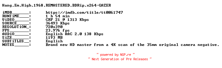 NFO for the release Hang.Em.High.1968.REMASTERED.BDRip.x264-GAZER by GAZER