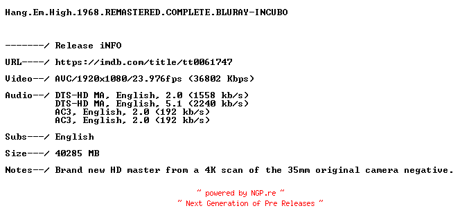 NFO for the release Hang.Em.High.1968.REMASTERED.COMPLETE.BLURAY-INCUBO by INCUBO