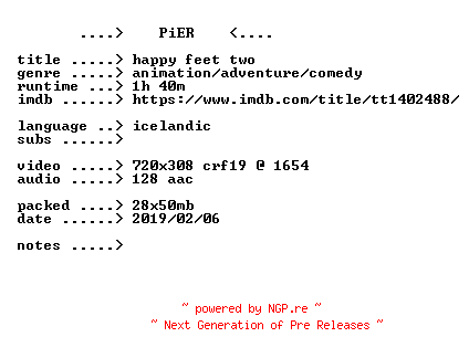 NFO for the release Happy.Feet.Two.2011.iCELANDiC.BDRip.x264-PiER by PiER