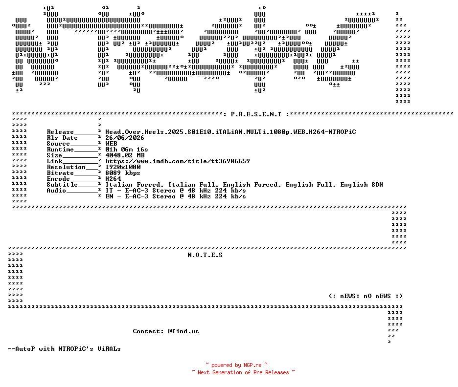 NFO for the release Head.Over.Heels.2025.S01E10.iTALiAN.MULTi.1080p.WEB.H264-NTROPiC by NTROPiC