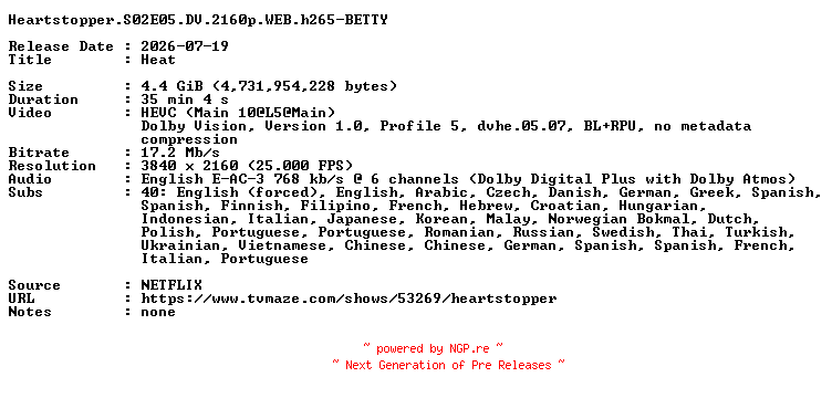 NFO for the release Heartstopper.S02E05.DV.2160p.WEB.h265-BETTY by BETTY