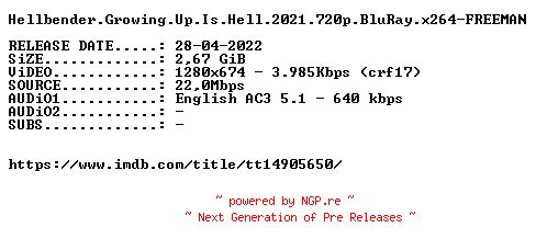 NFO for the release Hellbender.Growing.Up.Is.Hell.2021.720p.BluRay.x264-FREEMAN by FREEMAN
