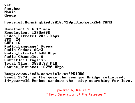 NFO for the release House.of.Hummingbird.2018.720p.BluRay.x264-YAMG by YAMG