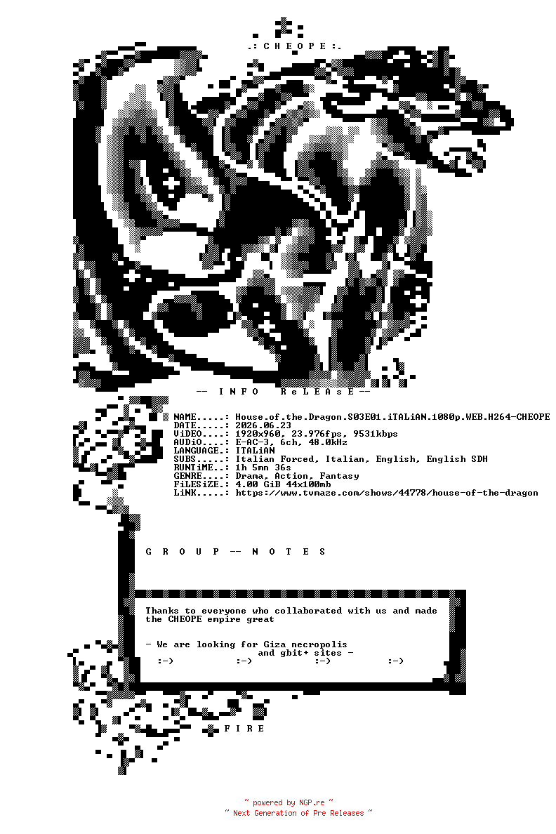 NFO for the release House.of.the.Dragon.S03E01.iTALiAN.1080p.WEB.H264-CHEOPE by CHEOPE