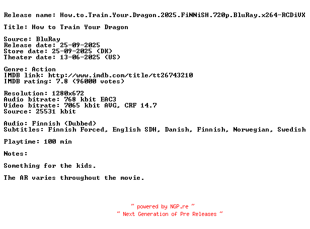 NFO for the release How.to.Train.Your.Dragon.2025.FiNNiSH.720p.BluRay.x264-RCDiVX by RCDiVX