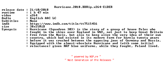 NFO for the release Hurricane.2018.BDRip.x264-EiDER by EiDER