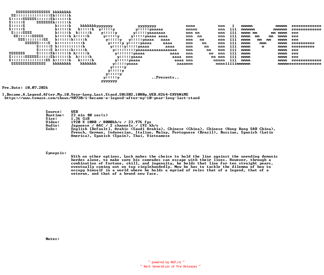 NFO for the release I.Became.A.Legend.After.My.10.Year-Long.Last.Stand.S01E02.1080p.WEB.H264-SKYANiME by SKYANiME