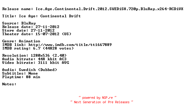 NFO for the release Ice.Age.Continental.Drift.2012.SWEDiSH.720p.BluRay.x264-RCDiVX by RCDiVX