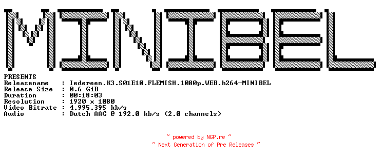 NFO for the release Iedereen.K3.S01E10.FLEMISH.1080p.WEB.h264-MINIBEL by MINIBEL