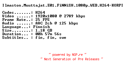 NFO for the release Ilmaston.Muuttajat.E01.FiNNiSH.1080p.WEB.H264-KORPI by KORPI