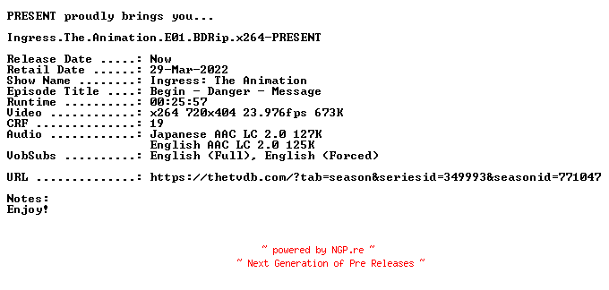 NFO for the release Ingress.The.Animation.E01.BDRip.x264-PRESENT by PRESENT