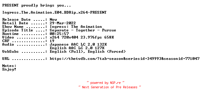 NFO for the release Ingress.The.Animation.E04.BDRip.x264-PRESENT by PRESENT