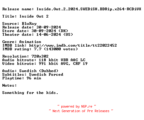 NFO for the release Inside.Out.2.2024.SWEDiSH.BDRip.x264-RCDiVX by RCDiVX