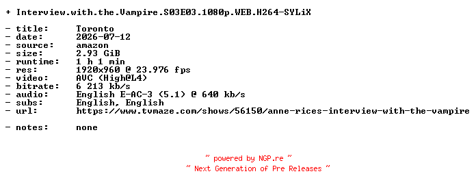 NFO for the release Interview.with.the.Vampire.S03E03.1080p.WEB.H264-SYLiX by SYLiX