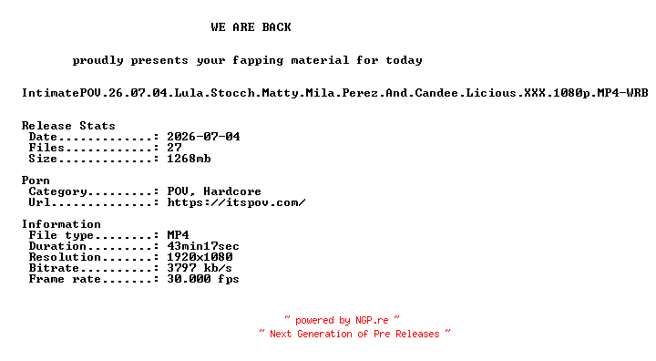 NFO for the release IntimatePOV.26.07.04.Lula.Stocch.Matty.Mila.Perez.And.Candee.Licious.XXX.1080p.MP4-WRB by WRB