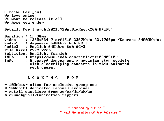 NFO for the release Inu-oh.2021.720p.BluRay.x264-HAiKU by HAiKU