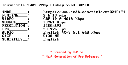 NFO for the release Invincible.2001.720p.BluRay.x264-GAZER by GAZER