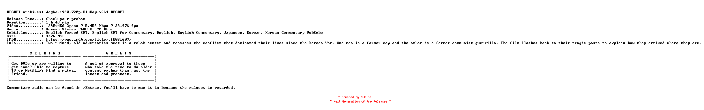 NFO for the release Jagko.1980.720p.BluRay.x264-REGRET by REGRET
