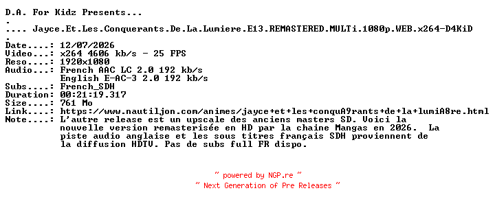 NFO for the release Jayce.Et.Les.Conquerants.De.La.Lumiere.E13.REMASTERED.MULTi.1080p.WEB.x264-D4KiD by D4KiD