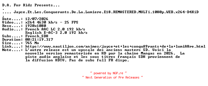 NFO for the release Jayce.Et.Les.Conquerants.De.La.Lumiere.E18.REMASTERED.MULTi.1080p.WEB.x264-D4KiD by D4KiD