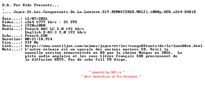 NFO for the release Jayce.Et.Les.Conquerants.De.La.Lumiere.E19.REMASTERED.MULTi.1080p.WEB.x264-D4KiD by D4KiD