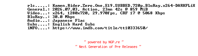 NFO for the release Kamen.Rider.Zero.One.E19.SUBBED.720p.BluRay.x264-DARKFLiX by DARKFLiX
