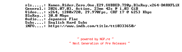 NFO for the release Kamen.Rider.Zero.One.E29.SUBBED.720p.BluRay.x264-DARKFLiX by DARKFLiX