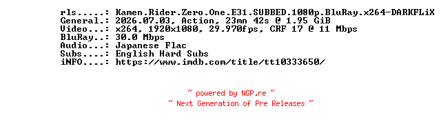NFO for the release Kamen.Rider.Zero.One.E31.SUBBED.1080p.BluRay.x264-DARKFLiX by DARKFLiX