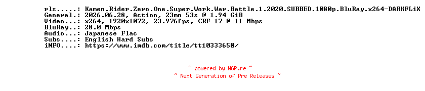 NFO for the release Kamen.Rider.Zero.One.Super.Work.War.Battle.1.2020.SUBBED.1080p.BluRay.x264-DARKFLiX by DARKFLiX