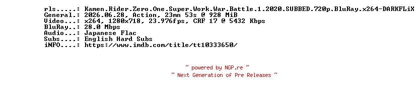 NFO for the release Kamen.Rider.Zero.One.Super.Work.War.Battle.1.2020.SUBBED.720p.BluRay.x264-DARKFLiX by DARKFLiX