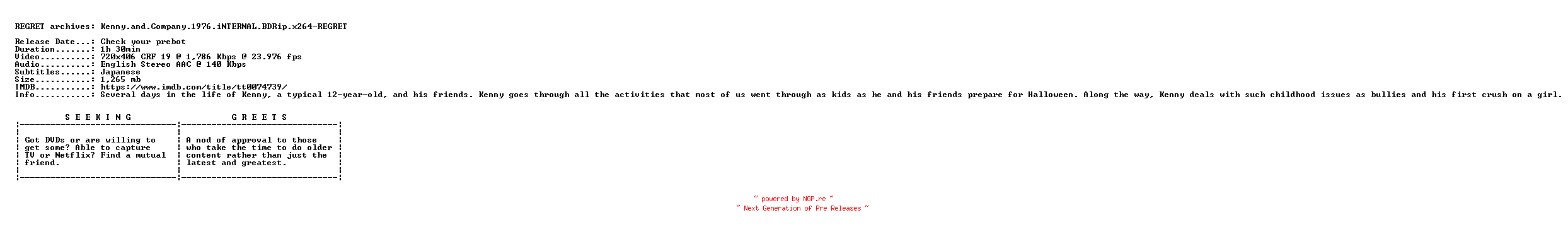 NFO for the release Kenny.and.Company.1976.iNTERNAL.BDRip.x264-REGRET by REGRET