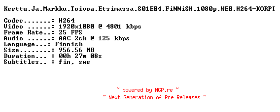 NFO for the release Kerttu.Ja.Markku.Toivoa.Etsimassa.S01E04.FiNNiSH.1080p.WEB.H264-KORPI by KORPI