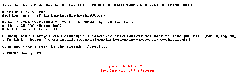 NFO for the release Kimi.Ga.Shinu.Made.Koi.Wo.Shitai.E01.REPACK.SUBFRENCH.1080p.WEB.x264-SLEEPINGFOREST by SLEEPINGFOREST