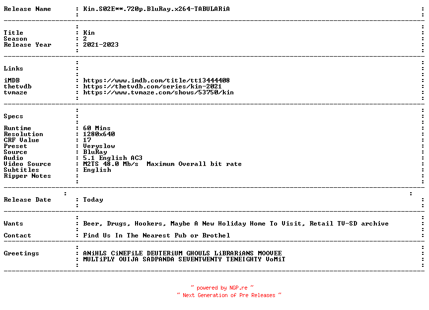 NFO for the release Kin.S02E01.720p.BluRay.x264-TABULARiA by TABULARiA