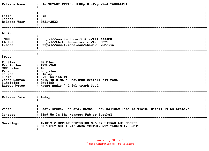 NFO for the release Kin.S02E02.REPACK.1080p.BluRay.x264-TABULARiA by TABULARiA