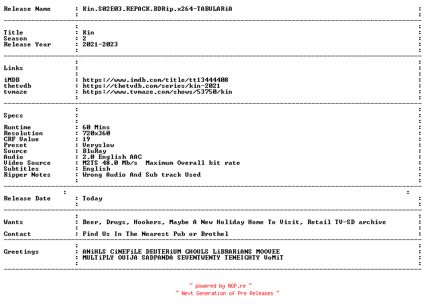 NFO for the release Kin.S02E03.REPACK.BDRip.x264-TABULARiA by TABULARiA