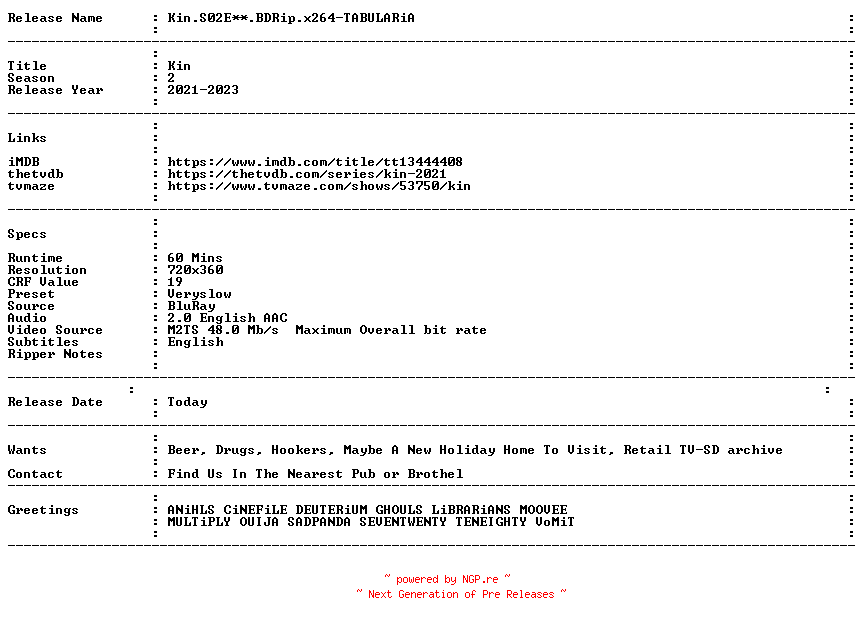 NFO for the release Kin.S02E06.BDRip.x264-TABULARiA by TABULARiA