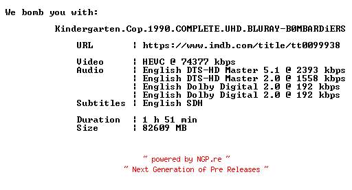 NFO for the release Kindergarten.Cop.1990.COMPLETE.UHD.BLURAY-B0MBARDiERS by B0MBARDiERS