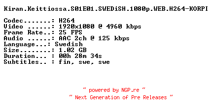 NFO for the release Kiran.Keittiossa.S01E01.SWEDiSH.1080p.WEB.H264-KORPI by KORPI