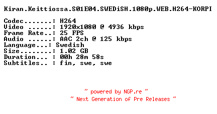 NFO for the release Kiran.Keittiossa.S01E04.SWEDiSH.1080p.WEB.H264-KORPI by KORPI