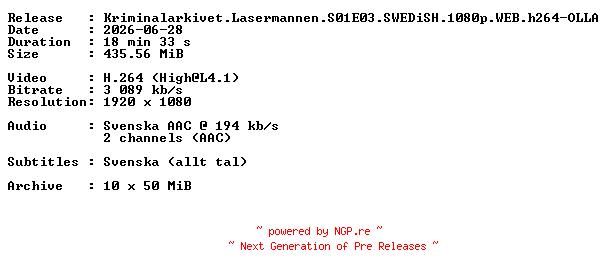 NFO for the release Kriminalarkivet.Lasermannen.S01E03.SWEDiSH.1080p.WEB.h264-OLLA by OLLA